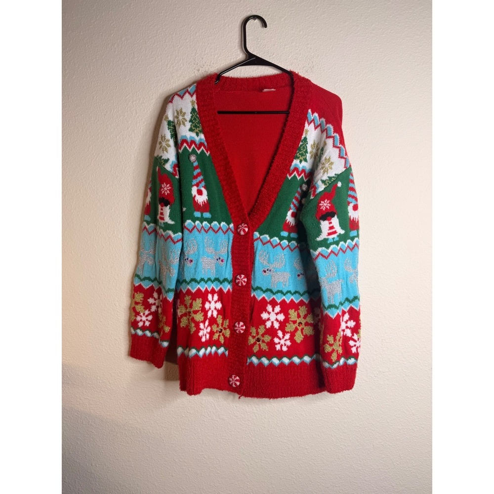 Holiday Time Cardigan Womens Ugly Christmas Sweater Reindeer Metallic L 12-14